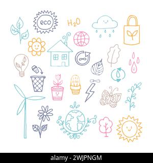 Hand drawn ecology, eco icons. Zero waste concept. Alternative energy. Ecological, green lifestyle. Vector illustration Stock Vector