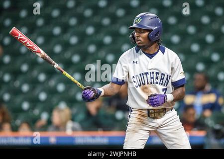 Houston, Texas, USA. 16th Feb, 2024. Southern University Jaguars outfielder Khyle Radcliffe (7) prepares to bat during the NCAA baseball game between the Alcorn State Braves and the Southern University Jaguars in the 2024 Cactus Jack HBCU Classic at Minute Maid Park in Houston, Texas. Prentice C. James/CSM/Alamy Live News Stock Photo