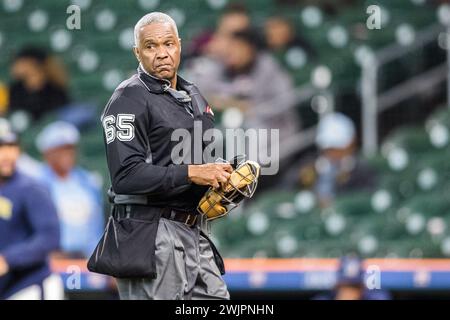 Houston, Texas, USA. 16th Feb, 2024. A SWAC umpire returns from the pitcher's mound during the NCAA baseball game between the Alcorn State Braves and the Southern University Jaguars in the 2024 Cactus Jack HBCU Classic at Minute Maid Park in Houston, Texas. Prentice C. James/CSM/Alamy Live News Stock Photo