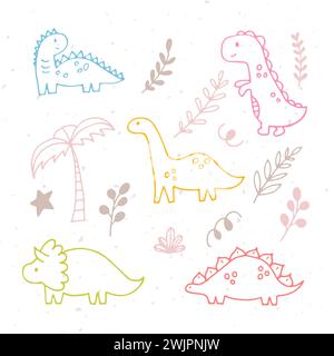 Cute hand drawn dinosaurs and tropical plants. Dino collection for kids. Funny characters set. Vector illustration Stock Vector