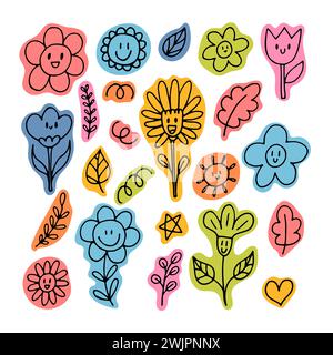 Cute hand drawn happy flowers. Doodle. Funny faces. Floral design elements. Outline. Vector illustration Stock Vector