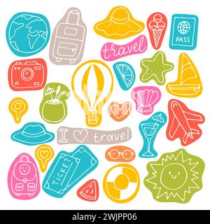 Hand drawn set of traveling icons. Holiday, vacation, travel journey. Summer collection. Design elements. Vector illustration Stock Vector