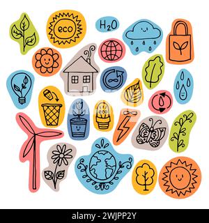 Hand drawn ecology, eco icons. Zero waste concept. Alternative energy. Ecological, green lifestyle. Vector illustration Stock Vector