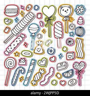 Hand drawn set of sweets and candies. Desserts, chocolate, macaroons, marshmallow. Doodle style. Sweet food. Vector illustration Stock Vector