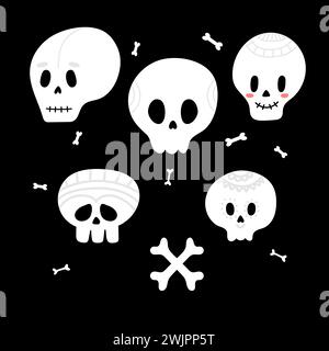 Set of Halloween skulls with crossbones. Monsters faces. Design elements for logo, banner, label, poster. Vector illustration Stock Vector