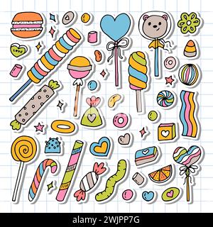 Hand drawn set of sweets and candies. Desserts, chocolate, macaroons, marshmallow. Doodle style. Sweet food. Vector illustration Stock Vector
