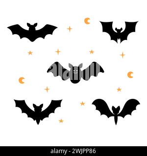 Bats set. Cartoon characters for Halloween decorations. Collection of hand drawn black silhouettes of bats. Vector illustration Stock Vector