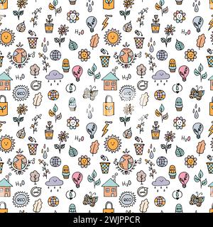 Seamless pattern with outline eco icons and recycles symbols. Save the planet. Hand drawn elements. Sketch, doodle. Vector illustration Stock Vector