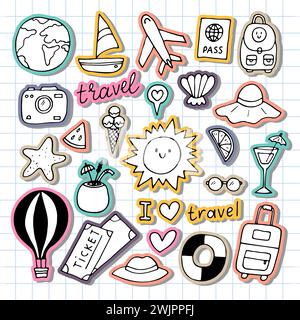 Hand drawn set of traveling icons. Holiday, vacation, travel journey. Summer collection. Design elements. Vector illustration Stock Vector