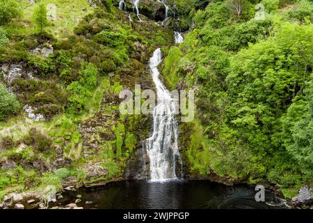 Aerial view of Assaranca Waterfall, one of Donegal's most beautiful waterfalls. Hidden gem that must-see for tourists visiting the region. Stunning na Stock Photo