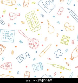 Health care seamless pattern. Hand drawn medicine elements. Pharmacy, medical background. Vector illustration Stock Vector