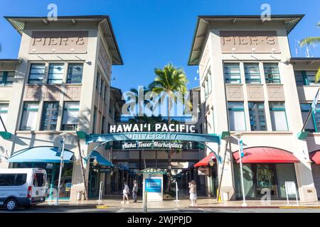 Entrance to Aloha Tower Marketplace, Honolulu, Oahu, Hawaii, United States of America Stock Photo