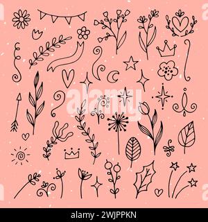 Set of hand drawn floral design elements. Flowers, branches, stars. Doodle stickers. Rustic decor elements. Vector illustration Stock Vector
