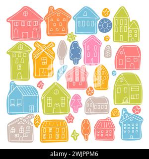 Set of coloured hand drawn houses. Collection of sketched buildings. Doodle style. Vector illustration Stock Vector