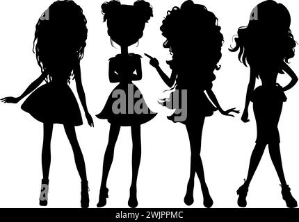 Silhouette SET of beautiful fashion girls in summer clothes Stock Vector
