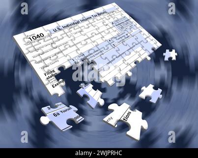 A US tax form 1040 is seen isolated in a layer on a transparent background in this 3-d illustration. The form is in the form of a jigsaw puzzle becaus Stock Photo