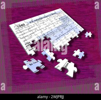 A US tax form 1040 is seen isolated in a layer on a transparent background in this 3-d illustration. The form is in the form of a jigsaw puzzle becaus Stock Photo