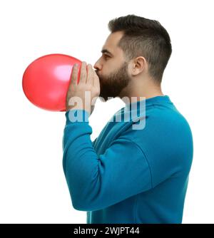 Young man with red ballon and gift box - isolated on white background ...