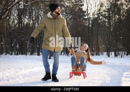 Happy young man pulling his girlfriend in sleigh outdoors on winter day Stock Photo