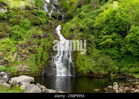 Aerial view of Assaranca Waterfall, one of Donegal's most beautiful waterfalls. Hidden gem that must-see for tourists visiting the region. Stunning na Stock Photo