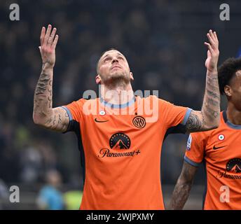 Inter Milan's Marko Arnautovic in action between Feyenoord's Jeyland ...