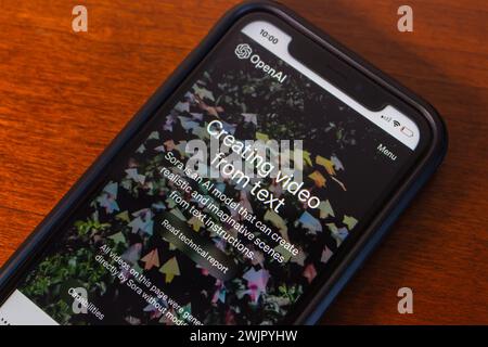 Vancouver, CANADA - Feb 16 2024 : OpenAI Sora website seen in iPhone. Sora is a text-to-video AI model that generate videos from written prompts Stock Photo