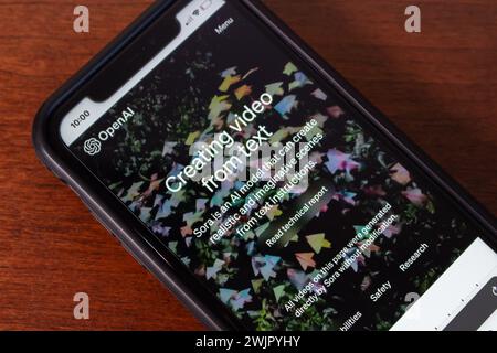 Vancouver, CANADA - Feb 16 2024 : OpenAI Sora website seen in iPhone. Sora is a text-to-video AI model that generate videos from written prompts Stock Photo