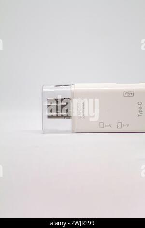 Memory adapter with multiple inputs, adaptable to USB 3.0, OTG and USB Type C. adapter for usb, micro sd and sd Stock Photo
