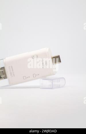 Memory adapter with multiple inputs, adaptable to USB 3.0, OTG and USB Type C. adapter for usb, micro sd and sd Stock Photo