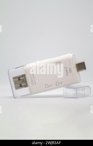 Memory adapter with multiple inputs, adaptable to USB 3.0, OTG and USB Type C. adapter for usb, micro sd and sd Stock Photo
