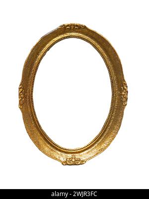 Old oval vintage wooden golden frame isolated on white Stock Photo