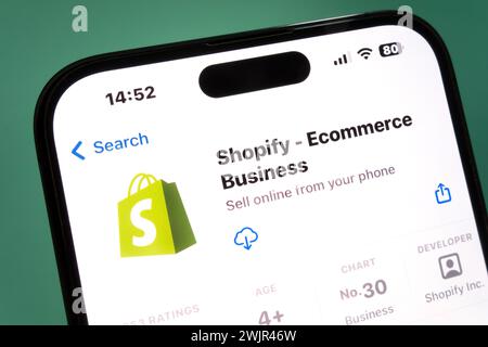 Nanning, China - Feb 16, 2024. Shopify app on a smartphone. Shopify Inc. is a Canadian multinational e-commerce company. Stock Photo