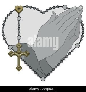 Vector design of Praying Hands with heart shaped rosary, rosary with christian cross, symbol of catholic religion Stock Vector