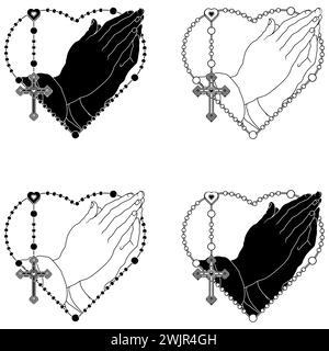 Vector design of Praying Hands with heart shaped rosary, rosary with christian cross, symbol of catholic religion Stock Vector