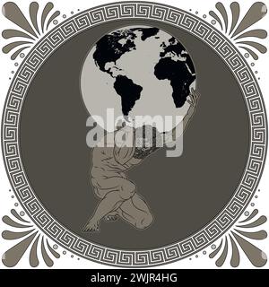 Vector design of Titan Atlas holding planet Earth, ancient Greece amphora art, Greek mythology titan Stock Vector