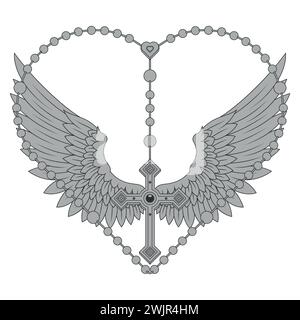 Vector design of winged cross with heart-shaped rosary, heart-shaped rosary with wings, symbology of the Catholic religion Stock Vector