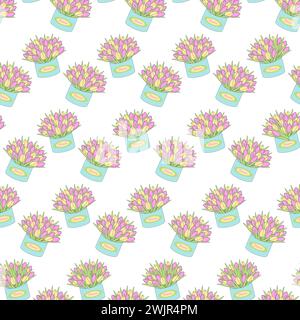 Seamless pattern of colorful tulips in box in trendy soft hues. Design idea for backdrop or wrapping. Isolate. EPS. Sticker. Icon. Vector for poster, banner, brochures, billboards, promo or web, label Stock Vector