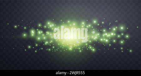 Green horizontal lensflare. Light flash with rays or green spotlight. Glow flare light effect. Vector illustration. Isolated on dark transparent Stock Vector