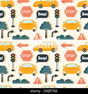 Car Toys Seamless Pattern Design with Boys and Girls Children Toy Equipment in Cartoon Illustration Stock Vector
