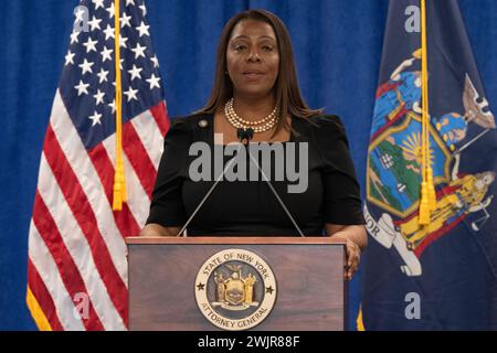 New York State Attorney General Letitia James delivers remarks on landmark victory in civil fraud trial against Donald Trump and the Trump Organization at 28 Liberty Street in New York on February 16, 2024 Stock Photo