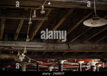 Ceiling old industrial electrical warehouse with light bulbs, lamps and old columns Stock Photo