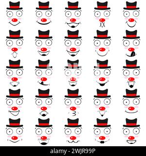 Set of faces of clowns with smiles, laughter, red noses and hats. Collection of emoticons and emoji. Isolated vector illustrations, icons. Stock Vector