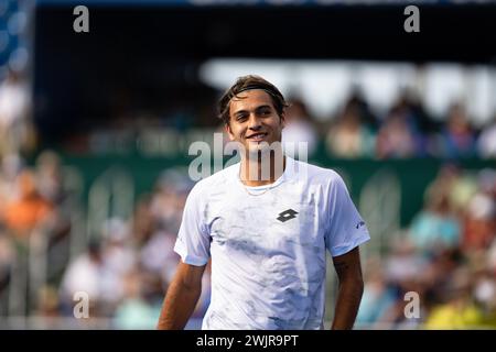 DELRAY BEACH, FL - FEBRUARY 16: Flavio Cobolli of Italy smiles during Day Eight of the Delray Beach Open at the Delray Beach Tennis Center on February 16, 2024. (Photo by Mauricio Paiz) Credit: Mauricio Paiz/Alamy Live News Stock Photo