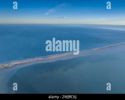 Aerial view of the Barra del Trabucador, in the Ebro Delta, on a winter sunset (Tarragona Catalonia Spain) ESP: Vista aérea de la Barra del Trabucador Stock Photo