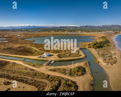 Aerial view of the Bassa de les Olles wetland in winter, north of the Ebro Delta (Tarragona, Catalonia, Spain) ESP: Vista aérea humedal Delta del Ebro Stock Photo