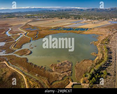 Aerial view of the Bassa de les Olles wetland in winter, north of the Ebro Delta (Tarragona, Catalonia, Spain) ESP: Vista aérea humedal Delta del Ebro Stock Photo