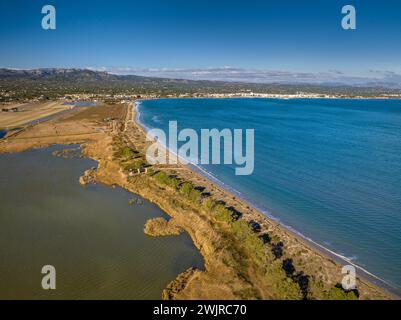 Aerial view of the Bassa de les Olles wetland in winter, north of the Ebro Delta (Tarragona, Catalonia, Spain) ESP: Vista aérea humedal Delta del Ebro Stock Photo