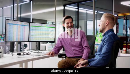 Man Workers In Office Break. Friends Speak Stock Photo