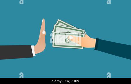 Anti-corruption or against corruption concept. A hand offers money and other hand shows a gesture of refusal. Vector illustration. Stock Vector
