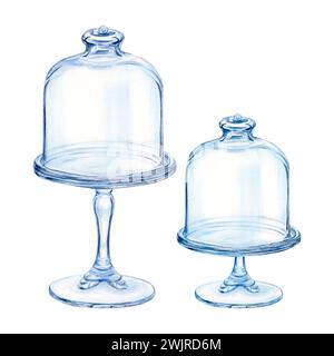 Cloche glass cake stand watercolor drawing dome. Glassware dish tray set leg lid. Sweet treat fruit cupcake. Bakery bread tasty. Pastry aquarelle Stock Photo